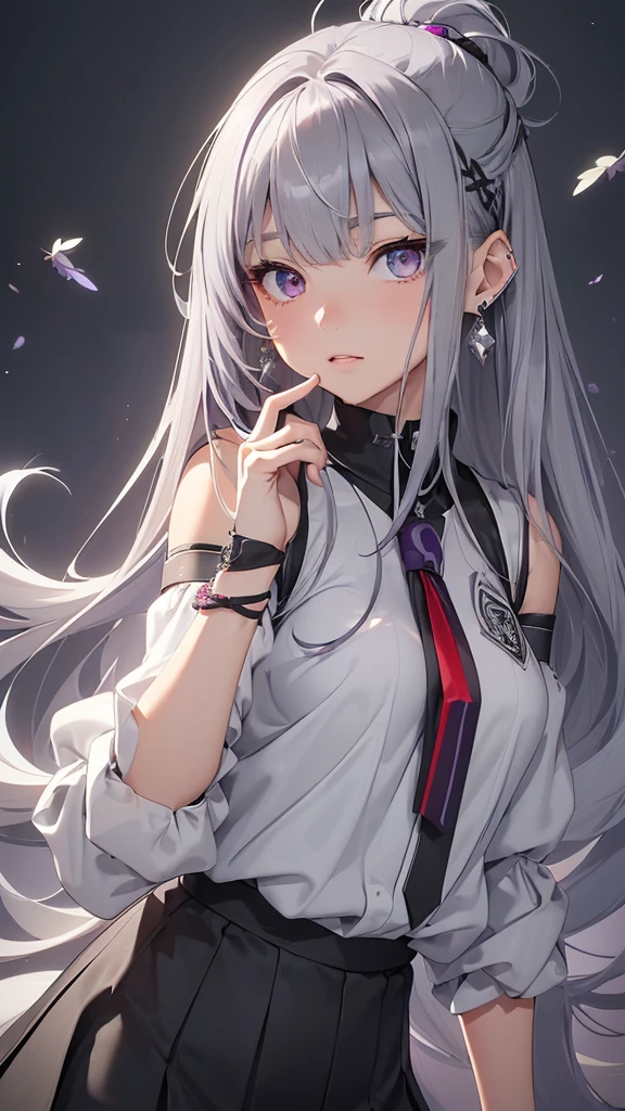 最high quality、best image quality、masterpiece、girl((20-year-old top model、 By becoming、vest bust、medium bust,wide open breast tea、shining eyes,((heterochromia irises, (right eye, red colored right eye iris)(left eye, gray purple colored left eye iris), eyes; red and gray-purple)), gray metallic hair、gray hair color, silver smooth glossy top model hairstyle, straight silk bangs, straight cutted hair and bangs, bangs is blunt+straight cutted, long smooth hair、thin,highest valley、black student uniform、black short skirt、shoulder gem ornament ,diamond earrings、Wristband、black gloves)),high quality、beautiful art、background((School zone))、Flight、debris flies、Depth of written boundary、movie、visual art、perfect art、8K,genuine、Dynamic Performance