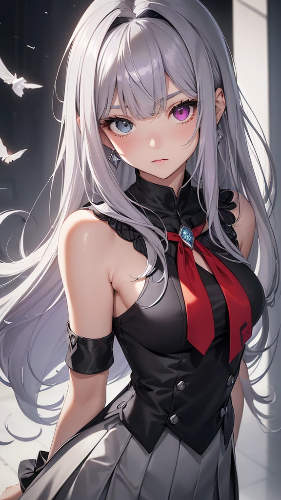 最high quality、best image quality、masterpiece、girl((20-year-old top model、 By becoming、vest bust、medium bust,wide open breast tea、shining eyes,((heterochromia irises, (right eye, red colored right eye iris)(left eye, gray purple colored left eye iris), eyes; red and gray-purple)), gray metallic hair、gray hair color, silver smooth glossy top model hairstyle, straight silk bangs, straight cutted hair and bangs, bangs is blunt+straight cutted, long smooth hair、thin,highest valley、black student uniform、black short skirt、shoulder gem ornament ,diamond earrings、Wristband、black gloves)),high quality、beautiful art、background((School zone))、Flight、debris flies、Depth of written boundary、movie、visual art、perfect art、8K,genuine、Dynamic Performance