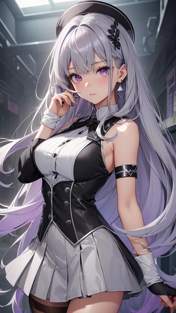 最high quality、best image quality、masterpiece、girl((20-year-old top model、 By becoming、vest bust、medium bust,wide open breast tea、shining eyes,((heterochromia irises, (right eye, red colored right eye iris)(left eye, gray purple colored left eye iris), eyes; red and gray-purple)), gray metallic hair、gray hair color, silver smooth glossy top model hairstyle, straight silk bangs, straight cutted hair and bangs, bangs is blunt+straight cutted, long smooth hair、thin,highest valley、black student uniform、black short skirt、shoulder gem ornament ,diamond earrings、Wristband、black gloves)),high quality、beautiful art、background((School zone))、Flight、debris flies、Depth of written boundary、movie、visual art、perfect art、8K,genuine、Dynamic Performance