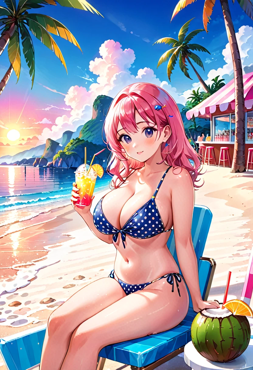 A cute girl,Pink Hair,Wearing a polka dot swimsuit,Large Breasts,Swim by the sea,Next to it is the Summer Ice Drink Shop,Several coconut trees and beach chairs on the beach,Blue sky and white clouds,Evening sunset,cold drink,Colorful style