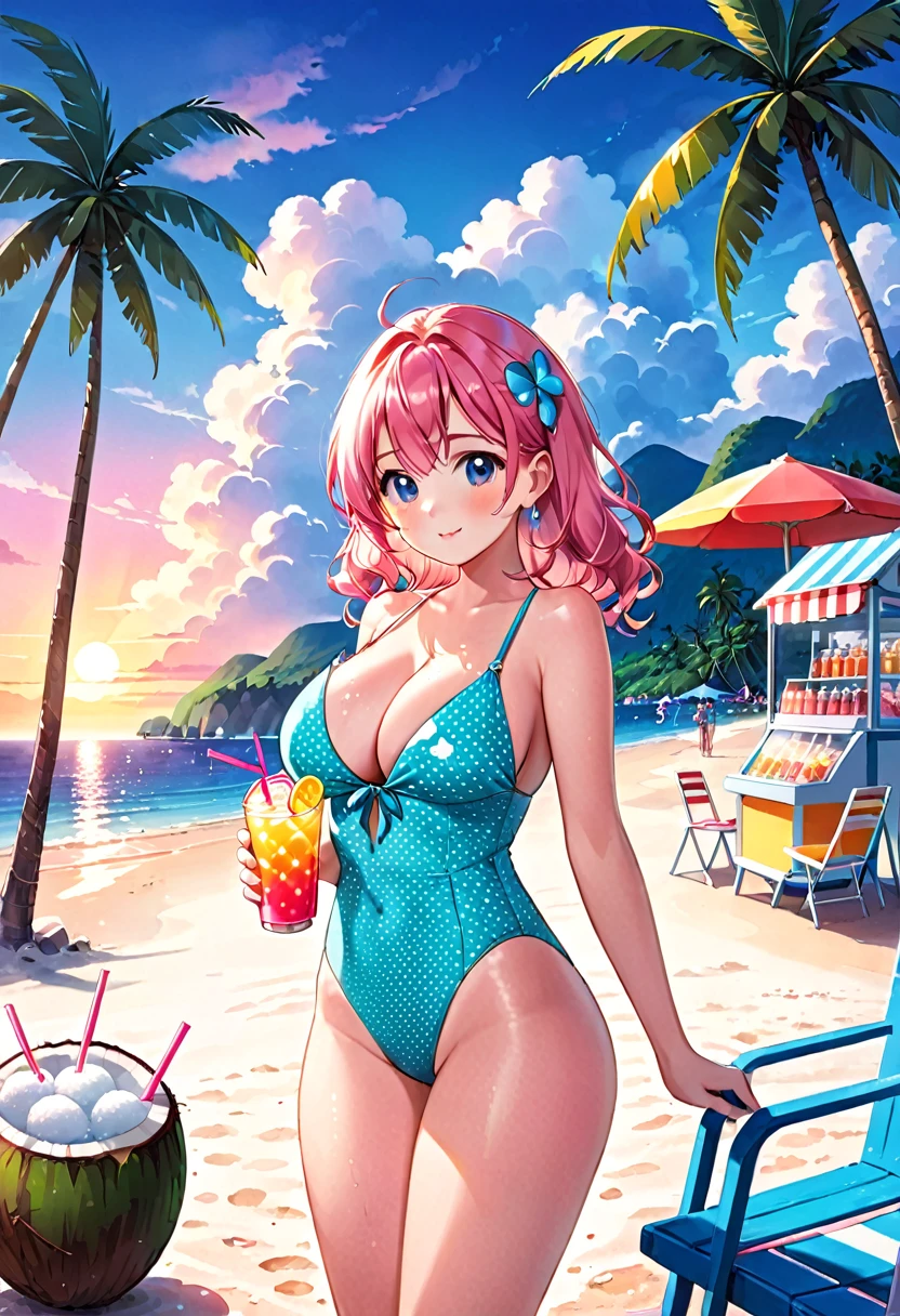 A cute girl,Pink Hair,Wearing a polka dot swimsuit,Large Breasts,Swim by the sea,Next to it is the Summer Ice Drink Shop,Several coconut trees and beach chairs on the beach,Blue sky and white clouds,Evening sunset,cold drink,Colorful style