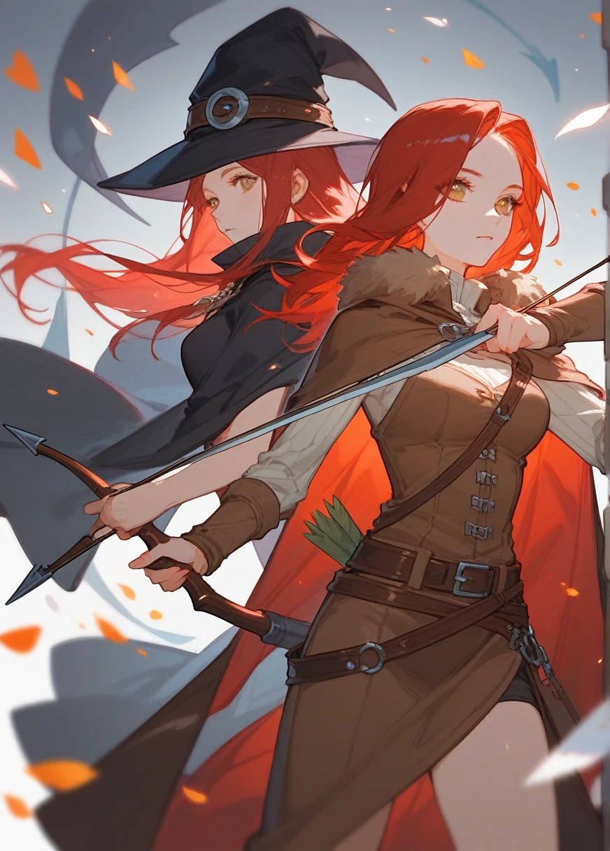 (Fraction_9,Fraction_8_Direction_7_up),1 Woman,Brown pupils，Red Hair, Double tail，hunter，Mink fur on shoulders，holding a bow and arrow in his hands,beauty的_Face,beauty,Wearing brown hunting clothes，怪物hunter、Wearing a cape、 Brown belt, Witch Girl, barbarian，Beast bones on the body，