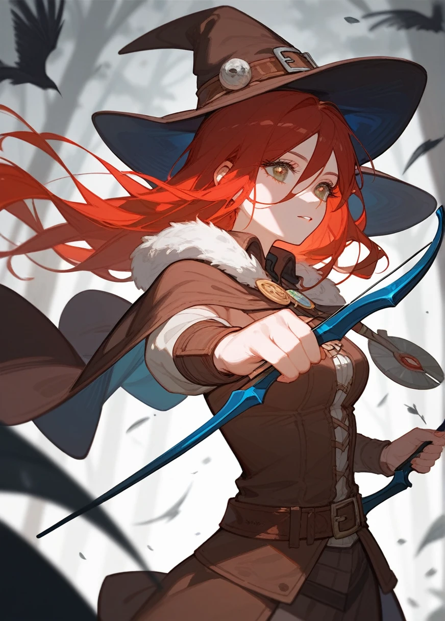 (Fraction_9,Fraction_8_Direction_7_up),1 Woman,Brown pupils，Red Hair, Double tail，hunter，Mink fur on shoulders，holding a bow and arrow in his hands,beauty的_Face,beauty,Wearing brown hunting clothes，怪物hunter、Wearing a cape、 Brown belt, Witch Girl, barbarian，Beast bones on the body，