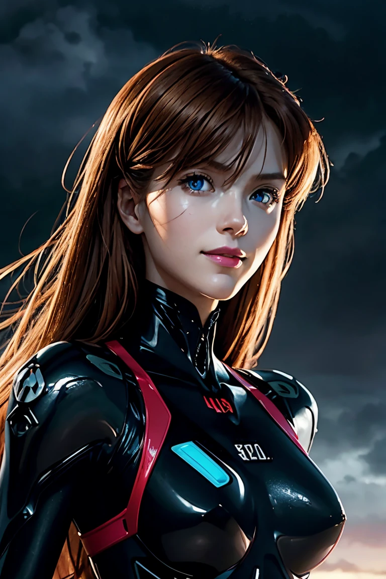 Evangelion,Asuka Langley,blue eyes,Plug Suit,Bodysuits,Interface Headset,赤いBodysuits,Ultra HD,super high quality,masterpiece,Digital SLR,Photorealistic,Detailed details,Vivid details,Depicted in detail,A detailed face,Detailed details,Super Detail,Realistic skin texture,Anatomical basis,Perfect Anatomy,Anatomically correct hand,Anatomically correct fingers,Complex 3D rendering,Sexy pose,Rainy Sky,Beautiful scenery,Fantastic rainy sky,Picturesque,Pink Lips,smile,