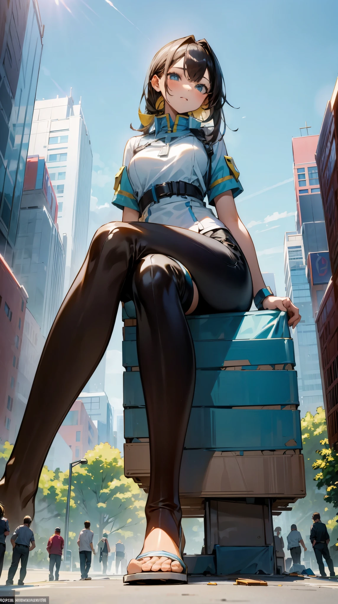 In a bustling city park, a giantess sits cross-legged, her towering figure surrounded by normal-sized people enjoying a sunny day. Children play at her feet, using her legs as makeshift slides, while adults sit nearby, basking in her protective presence and the sense of wonder she brings.
