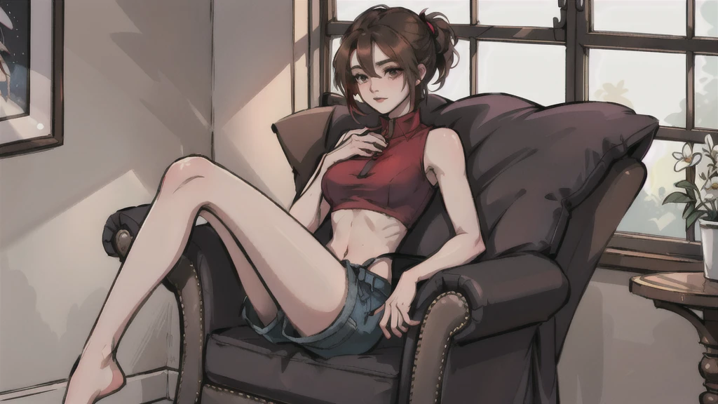 una joven de 20 años sitting en el armchair de su casa tiene calor, 1 girl, medium breasts, BROWN SKIN, Alone, black fur, updo hair, red sleeveless shirt, black unbuttoned denim shorts, unbuckled belt, view of underwear, sighing, hand on chest, sitting, armchair, sitting en el armchair, barefoot