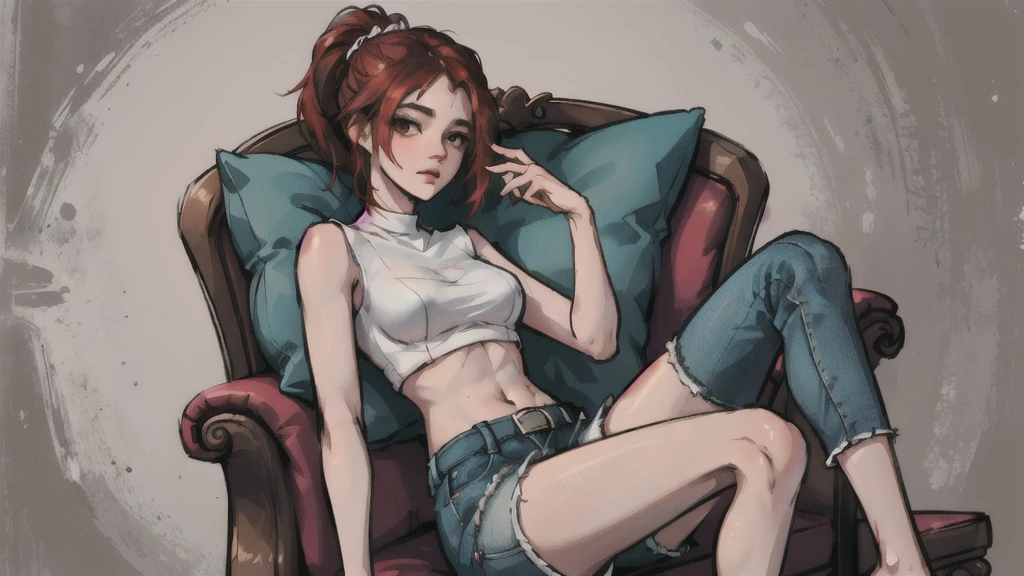 una joven de 20 años sitting en el armchair de su casa tiene calor, 1 girl, medium breasts, BROWN SKIN, Alone, black fur, updo hair, red sleeveless shirt, black unbuttoned denim shorts, unbuckled belt, view of underwear, sighing, hand on chest, sitting, armchair, sitting en el armchair, barefoot