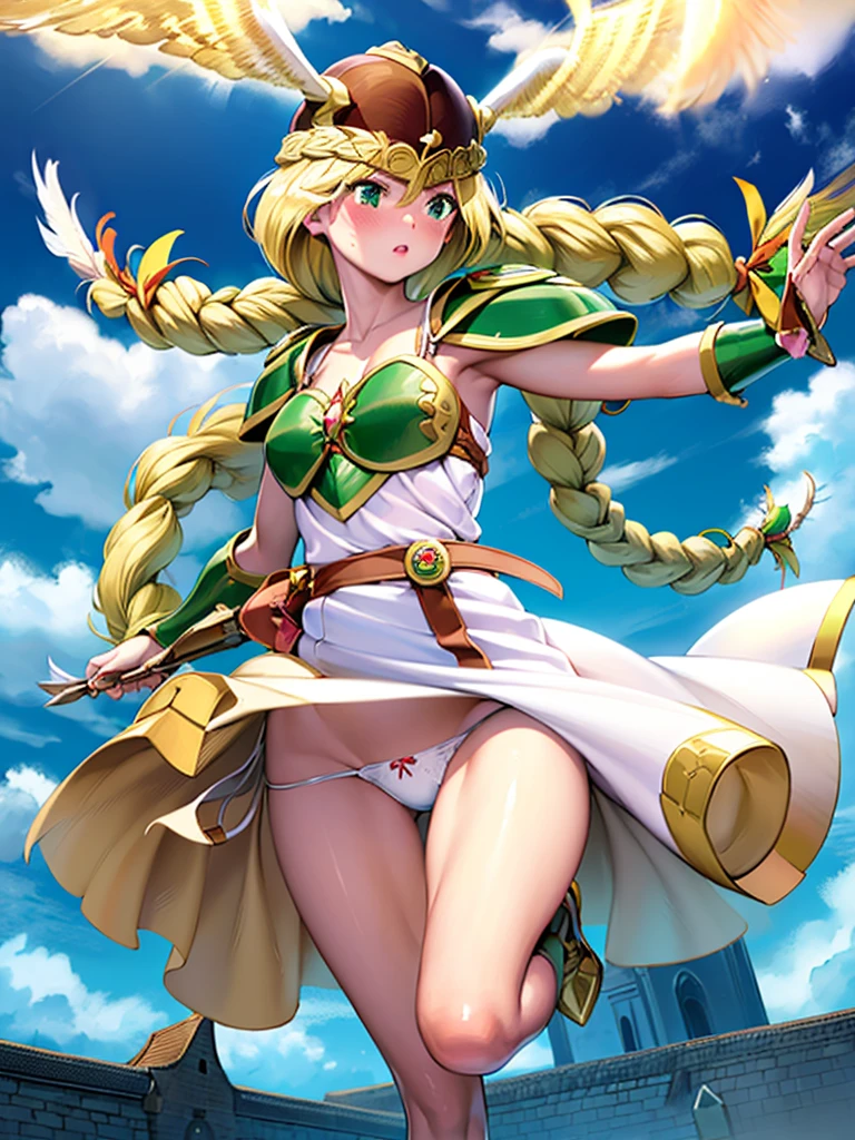 masterpiece,best quality, 1girl, 18yo, beautiful girl,BREAK,(Armor:1.8),(Helmet with wings:1.7),(Beautiful blonde,braid,Green Eyes:1.5),BREAK,(White Dress,White silk panties:1.4),BREAK,(blush:1.3), (blue sky:1.2),(Running on clouds:1.3),(move chart:1.3),