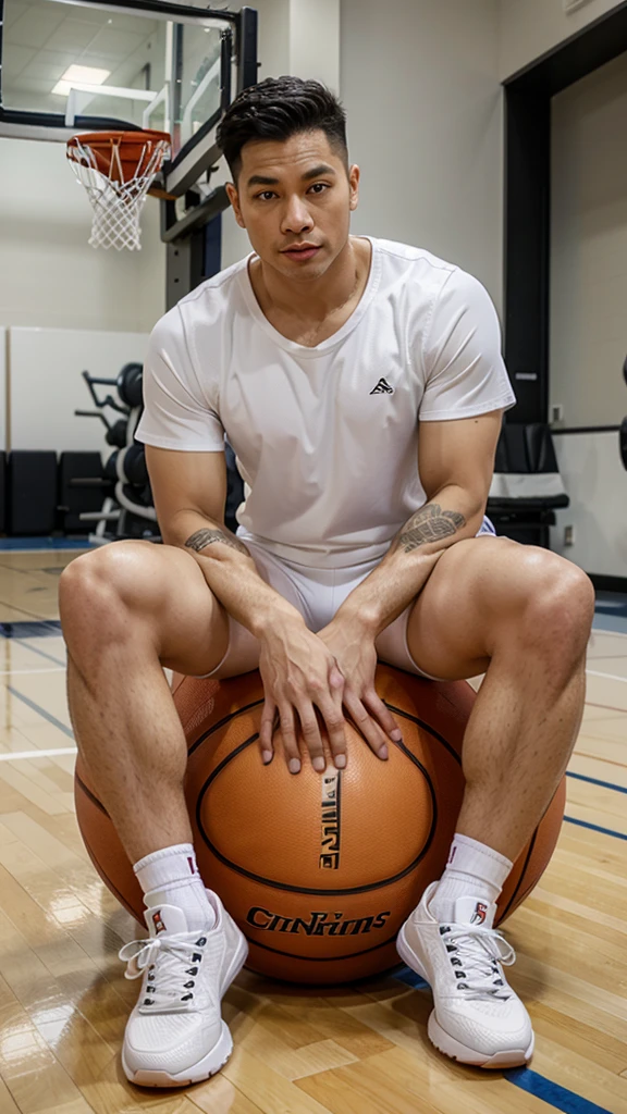 David Michael Siung wears white underwear and sneakers sitting on the basketball at the fitness