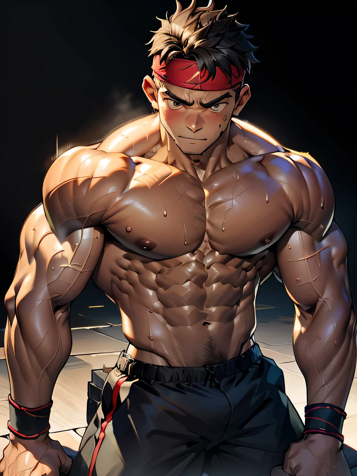 (Masterpiece, Best quality old boy, black background), ((((human and ork monster, enemy is ork monster, human get knocked out, human sweat, human swoon, human is defeat, human is get damage, human is get groggy, battle, combats, human is bent over)))), Young, boy, muscler, Shirtless, (Dark Short straight hair, almost completely shaved hair, under cut, brown eyes), (red headband), ((hot Abs:1.2, big breast:1.2, upper arms, jacked muscle, beautiful musculature, aesthetic striations, inspirational physique, lean muscle, square pecs, beautiful v-taper, great abs and torso), Vivid colors, detailed face, detailed muscle, (rippling muscles)