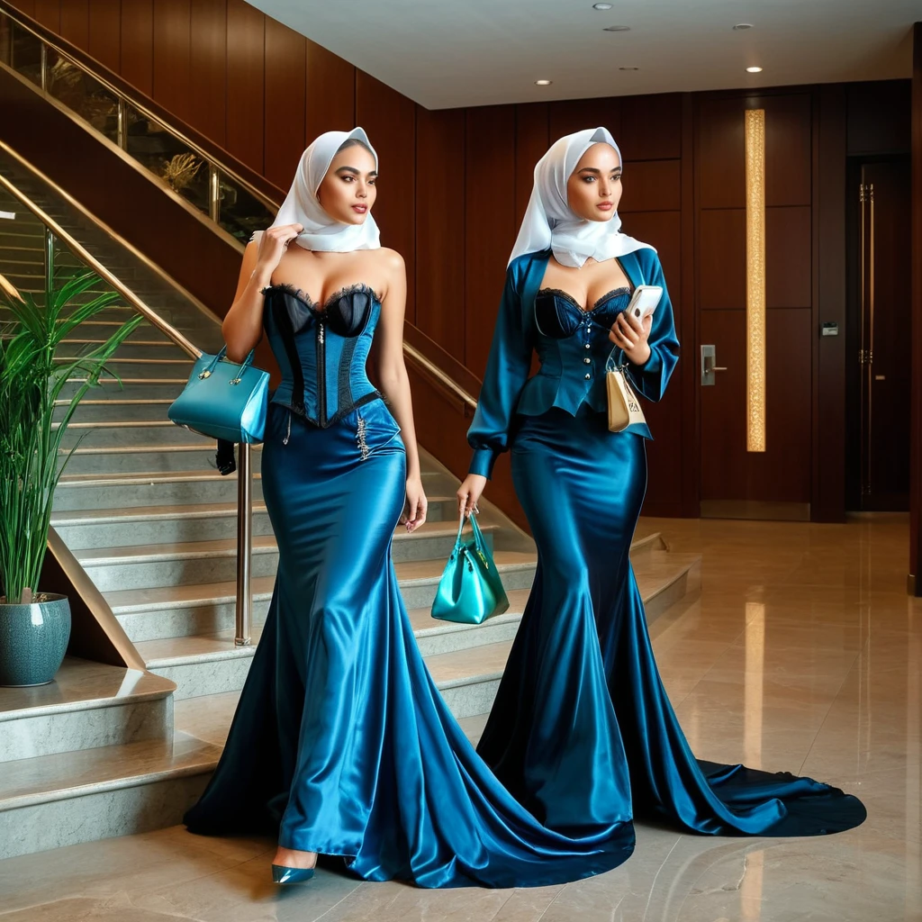 Two woman secretary in the translucent night gown, wear corset with bra expose, wear blazer,wearing satin hijab, full body,mermaid tight long gown, flowy dramatic long gown,very long flor length gown, tall women, in office lobby,walk down stair,wear glass, walking in a hurry,carry a bag, making a telephone call
sexy face, sexy pose, wear high heels, masterpice, hyper realistic