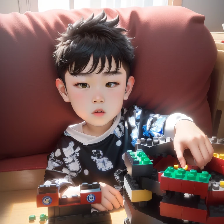 there is a young boy playing with a large set of Legos, child, Lego, Lego style, Toddlers, building piece, , childs toy, child们's toy, Low quality video, plastic toys, 3 years, dynamic picture, yanjun chengt, piece, Video Stills, child们, Inspired by Cheng Jiasui, Lego set, Yihao Ren