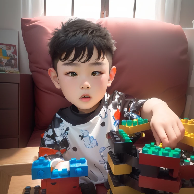 there is a young boy playing with a large set of Legos, child, Lego, Lego style, Toddlers, building piece, little child, childs toy, child们's toy, Low quality video, plastic toys, 3 years, dynamic picture, yanjun chengt, piece, Video Stills, child们, Inspired by Cheng Jiasui, Lego set, Yihao Ren