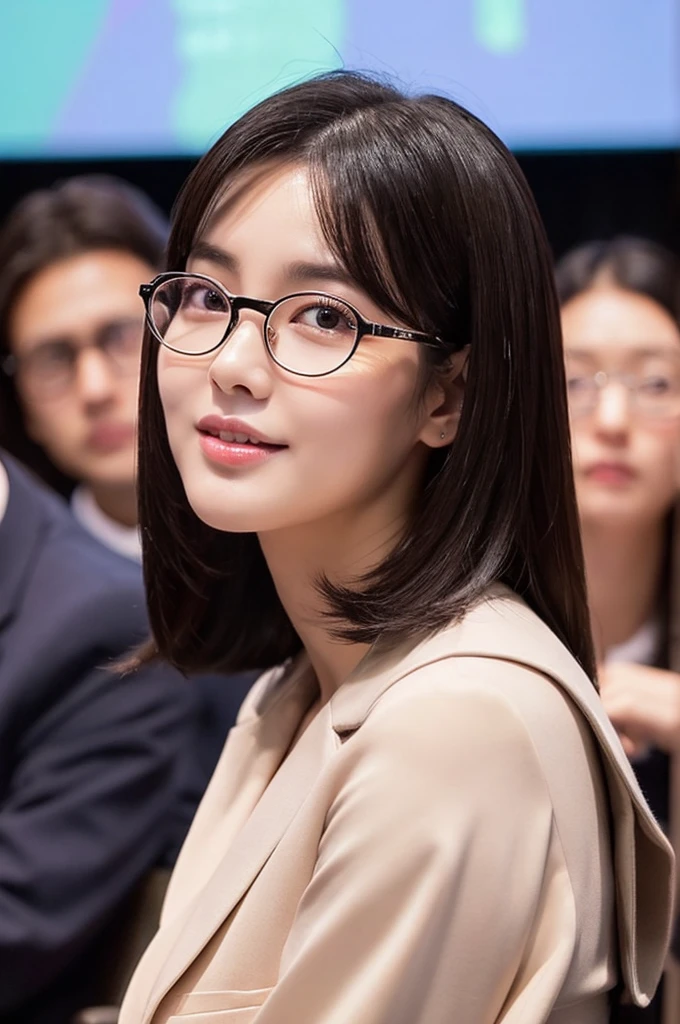 Adult feminine sex appeal、Sexy female scholar、Surrounded by female college students、University lecture hall, university psychology associate professor, ((full body)), ((photo)), ((best qualtiy, 8K, tmasterpiece:1.3)), Focus:1.2, perfect figure beautiful woman:1.41woman, cowboy shot, look at viewer, eyes facing the camera, incredibly absurd, beautiful and cute woman with a photorealistic face, showcasing top-quality craftsmanship, A Japanese woman giving a lecture at a university lecture hall, 27 years old, with a bob cut and flipped hair, short bangs swept at an angle, smooth and shiny hair, natural hairline, fair and smooth skin, plump and healthy cheeks, large, jet black eyes, round eyes, long and upward-facing eyelashes, double eyelids, thin and straight eyebrows, small and round nose, plump lips, upturned corners of the mouth, charming smile, cute face, glamorous, well-balanced proportions, tall, beautiful D-cup breasts, silver-rimmed glasses, pink blouse, black tight skirt, fashion with a waist-marked silhouette, scarf, heeled shoes, vanilla perfume, beautiful, pretty older woman, glasses suit her, knowledgeable, playful, curious, smart, elegant, November