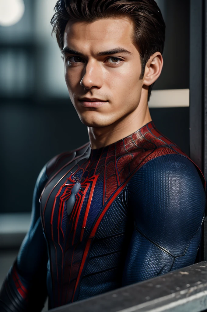 A photograph of spider man, no mask, 20 yo, handsome, detailed face, looking at camera, portrait, 8k uhd, high quality
