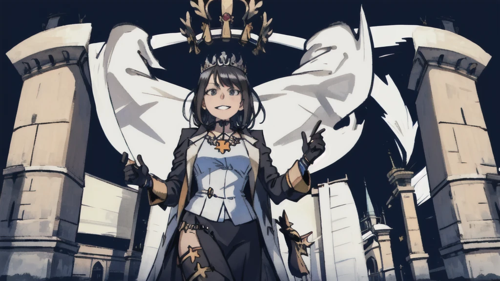 German Scene,Spectacular,Magnificent,style,Black-haired queen holding a blue banner,crown,Nazi hand gesture,European Parliament Building