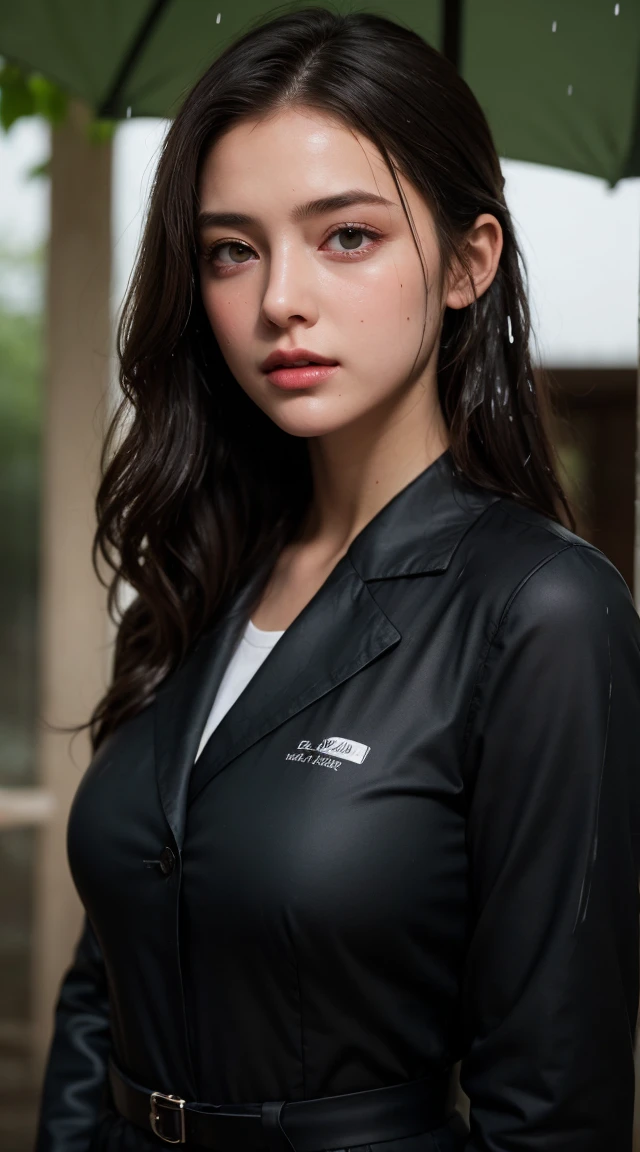1 Girl, Long black hair, uniform, shy, blush, Wet, rain, transparent, (masterpiece, Highest quality), Soft Light, Structure of the film, Cinematic Light