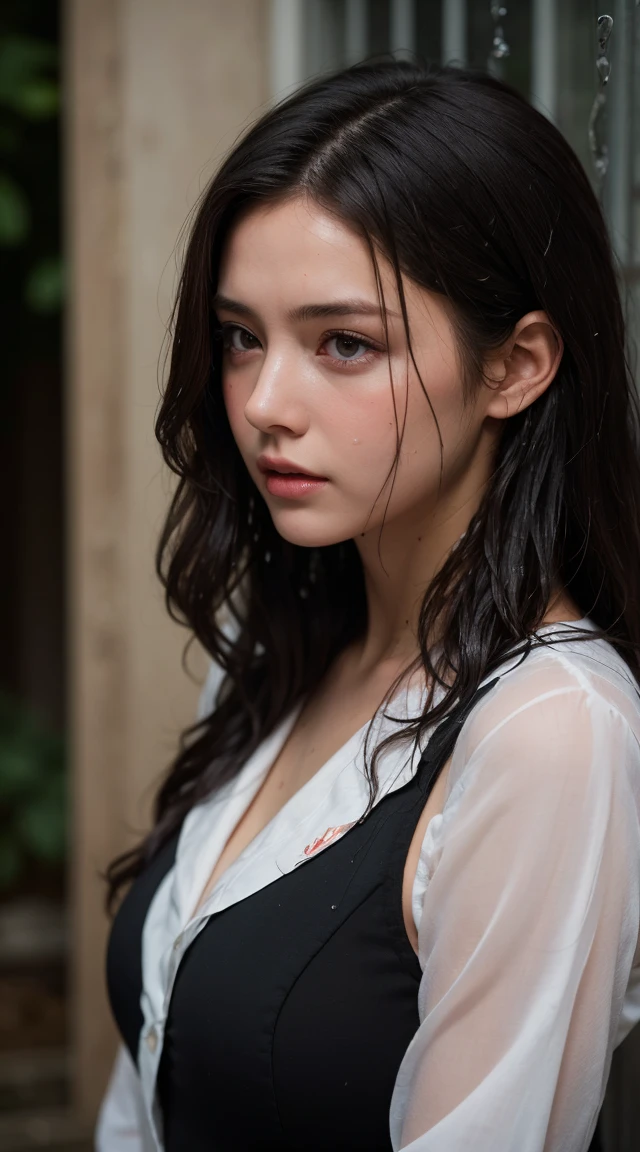 1 Girl, Long black hair, uniform, shy, blush, Wet, rain, transparent, (masterpiece, Highest quality), Soft Light, Structure of the film, Cinematic Light