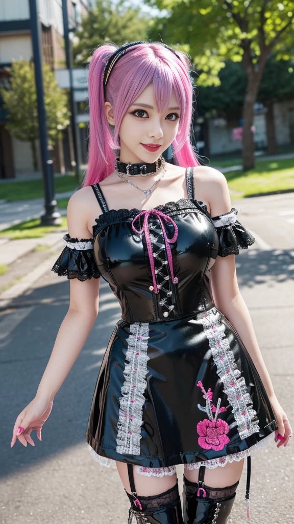 Sexy and stylish Japanese model, Only one woman, ((Doll-like appearance)), Long neon pink stylish hair, ((Shiny punk style boots)), (smile), Highly detailed eyes, Punk Makeup, Lip gloss, Large Breasts, ((Sexy Punk Lolita Cosplay)), Unconventional Skirt, petticoat, High neck, ((ultra detailed lace)), ((Very fine embroidery)), Intricate details, Tartan pattern, (Silver Chain), (Silver Spike), (Safety pin), Punk Lolita Accessories, Punk Lolita Choker, ((Big shiny punk lolita jewelry)), Cinematic Light, wood々Background of a detailed large park with