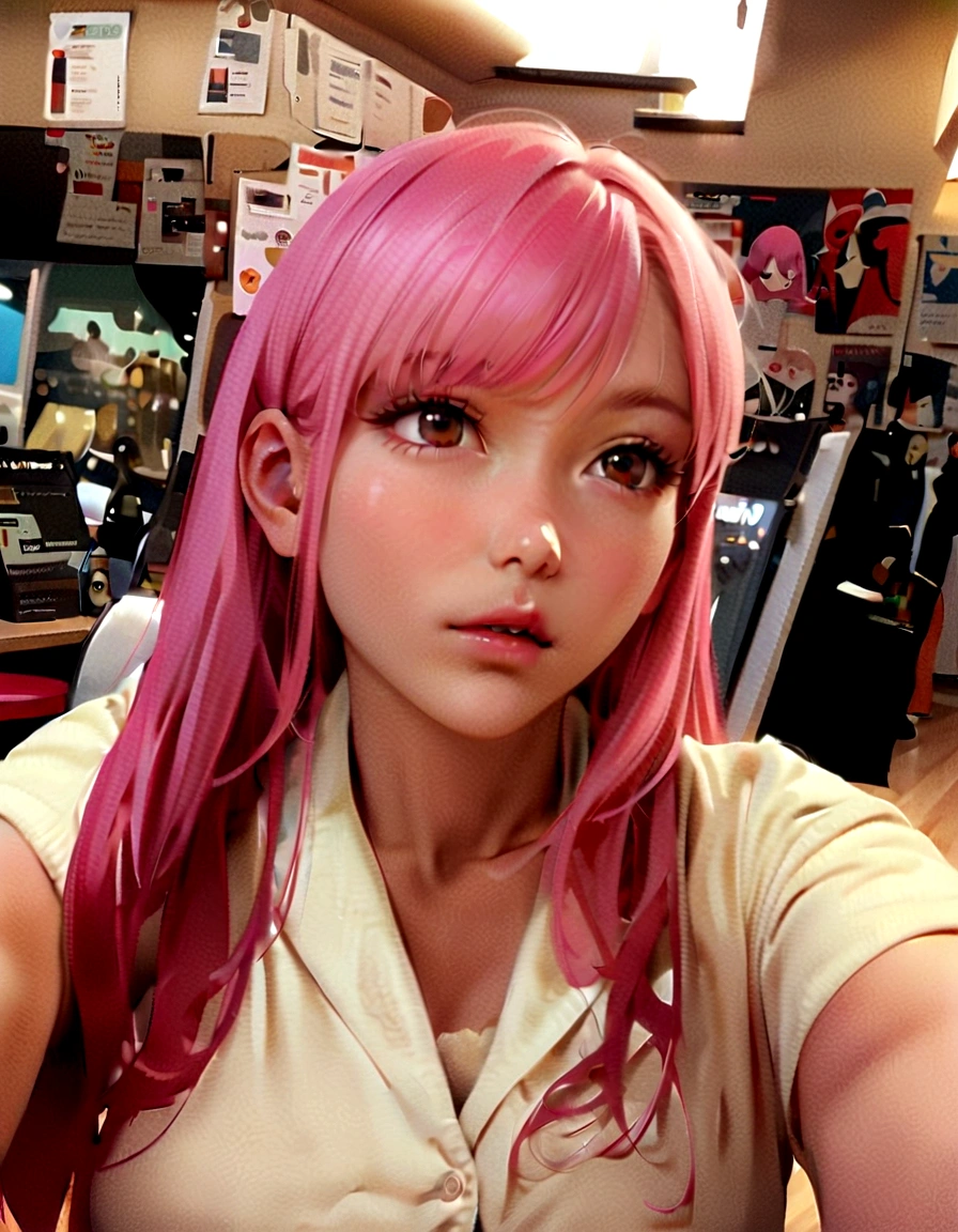 Bright pink hair、anime、Korean、super fine illustration,(((beautiful fine hair))),(((beautiful fine face))),(((beautiful fine background))),Pink Hair、Straight Hair、
