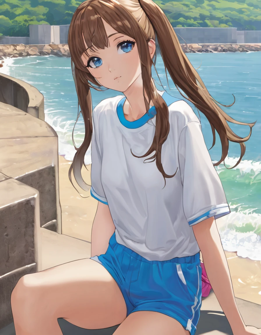 BREAK Perfect Anatomy、(High resolution:1.2)、Incredible illustrations、(Cute illustrations:1.2)、 (nsfw)(hip focus,from side ) （Beautiful background（breakwater,morning sun）) 1girl((brown hair,asymmetric bangs,twin tails, tanned skin: 1.3,blue eyes,fang)1girl((a girl,slender 1.3meters, 30kg, (( short T-shirt, hot pants,thigh-high socks, sandals),,cameltoe,))looking afar,open stance,beautiful ass,Kneeling