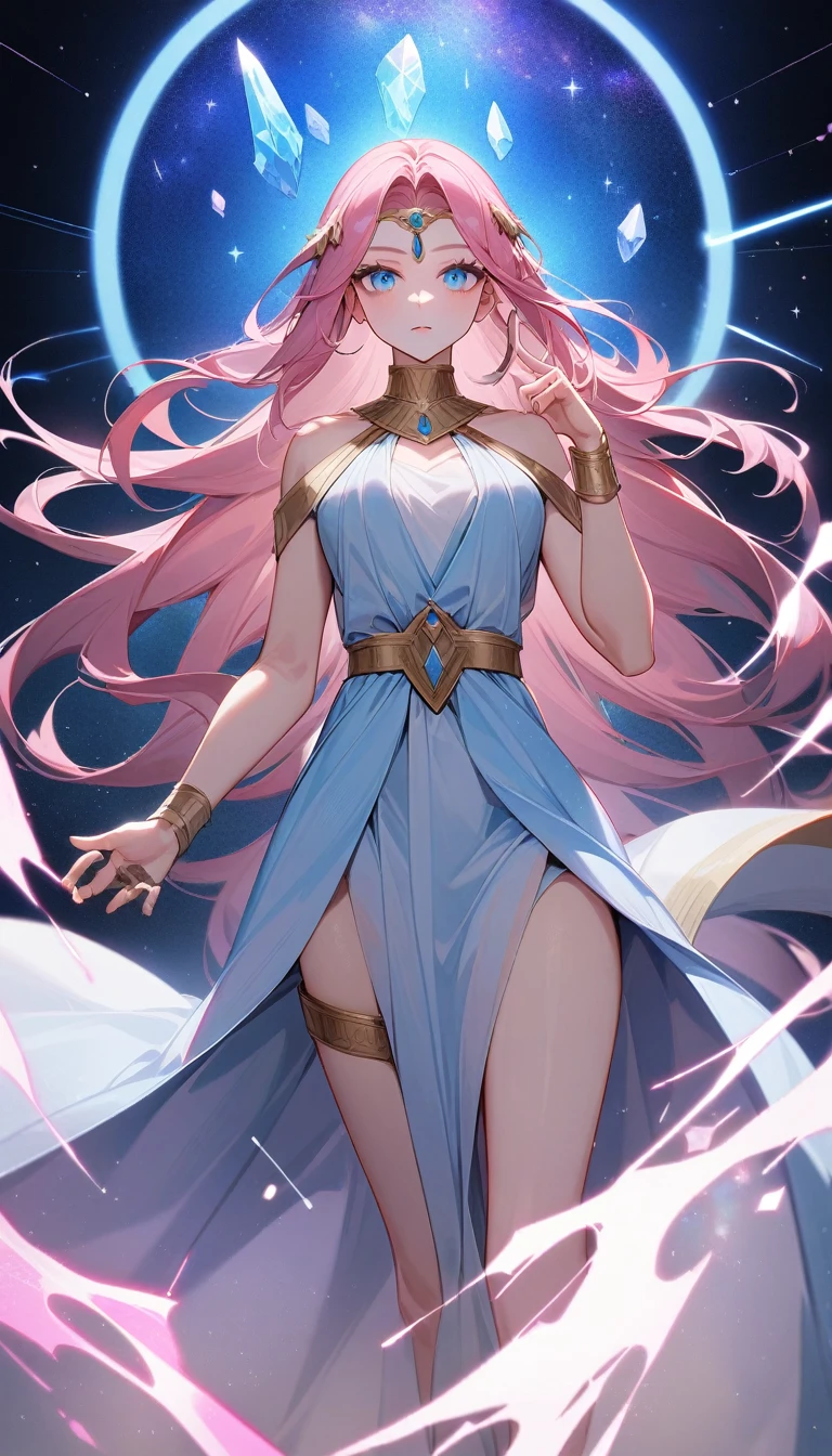 (Huang Li、high quality、Extremely detailed),Constellation - Virgo,Similar to Latin goodness,brave,capricious,Productivity,The face of enterprising and humanitarianism,Pink long hair,Ancient Greek costumes、Wrap Dress,The background is the universe,Crystal blue eyes(Eyes Details),Powerful appearance,Correct finger,Correct anatomy