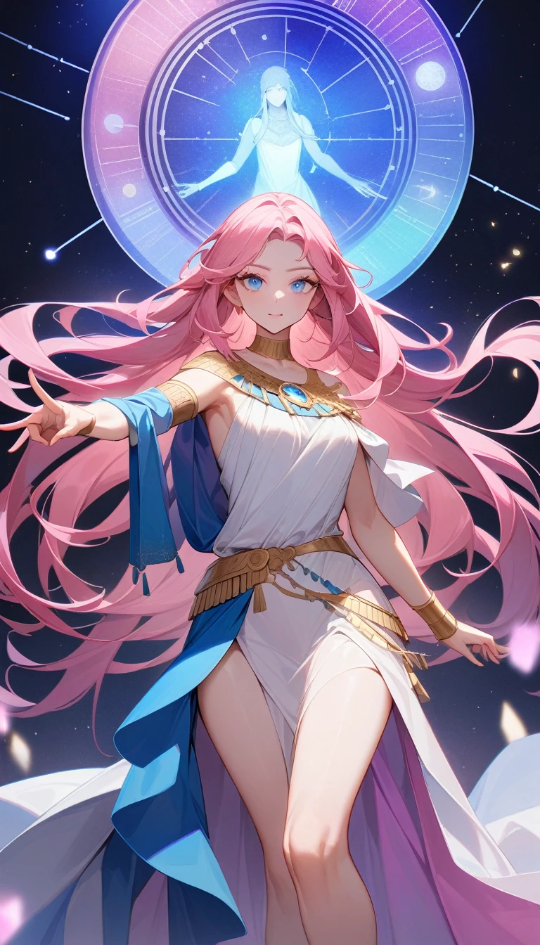(Huang Li、high quality、Extremely detailed),Constellation - Virgo,Similar to Latin goodness,brave,capricious,Productivity,The face of enterprising and humanitarianism,Pink long hair,Ancient Greek costumes、Wrap Dress,The background is the universe,Crystal blue eyes(Eyes Details),Powerful appearance,Correct finger,Correct anatomy