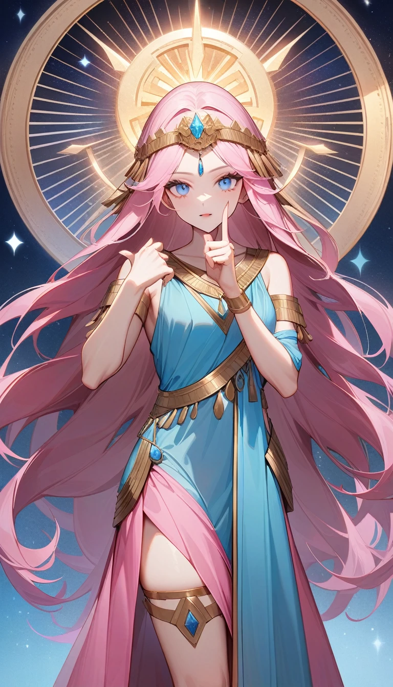 (Huang Li、high quality、Extremely detailed),Constellation - Virgo,Similar to Latin goodness,brave,capricious,Productivity,The face of enterprising and humanitarianism,Pink long hair,Ancient Greek costumes、Wrap Dress,The background is the universe,Crystal blue eyes(Eyes Details),Powerful appearance,Correct finger,Correct anatomy