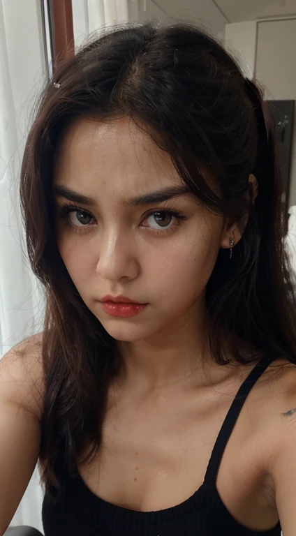 ((best qualtiy, 8K, tmasterpiece:1.3)), A pretty maiden,Pure,Melon seed face,gentle and cute, she is angry,Pure desire,Thin stature,(frontage),(Tilt your head),staring right into camer,brown sweater, black long trousers, earring, Black silky long, Straight hair,Long hair up to the shoulders flowing over the shoulders,round black big eyes,Clear big eyes,Hydrated red lips,Sweet, room, ((selfie)), her hand forward,15 years old, don't wear make up, Dull face, (Camera down), ((angry face)), ((she so furious)), Staring with hatred