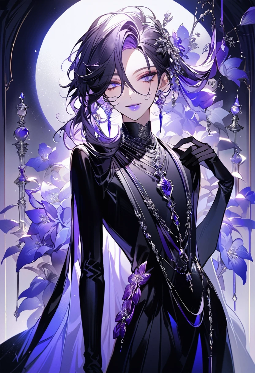 Feminine boy, soft womanish facial features, smile, squinted siren dark blue eyes without glare, silver and dark purple long loose hair with straight bang, fantasy black clothes with blue and purple elements, long black gloves, model, gorgeous, elegant, lots of silver jewelry, flowers in his hair, skinny body, hourglass figure, light lipstick