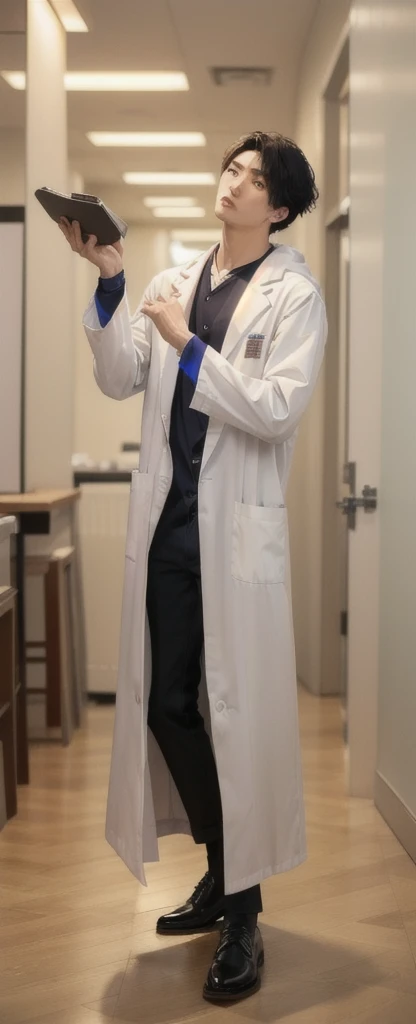 (Fair skin),((white lab coat)), (black hoodie underneath),Iris,(gender: Natural Face),(Japanese),(leather shoes),long body,handsome young asian man, Japanese idol style, short clean-cut hair, (center part), calm confident expression, hands in lab coat pockets, plain white background, portrait, high quality, detailed, 8K