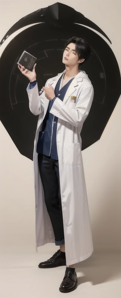 (Fair skin),((white lab coat)), (black hoodie underneath),Iris,(gender: Natural Face),(Japanese),(leather shoes),long body,handsome young asian man, Japanese idol style, short clean-cut hair, (center part), calm confident expression, hands in lab coat pockets, plain white background, portrait, high quality, detailed, 8K