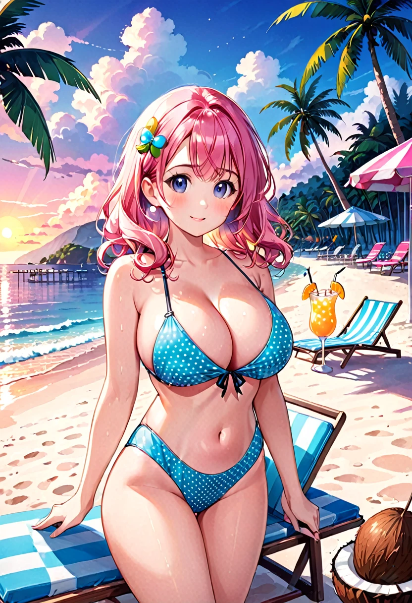A cute girl，Pink Hair，Wearing a polka dot swimsuit，Large Breasts，Swim by the sea，Several coconut trees and beach chairs on the beach，Blue sky and white clouds，Evening sunset，cold drink，Colorful style