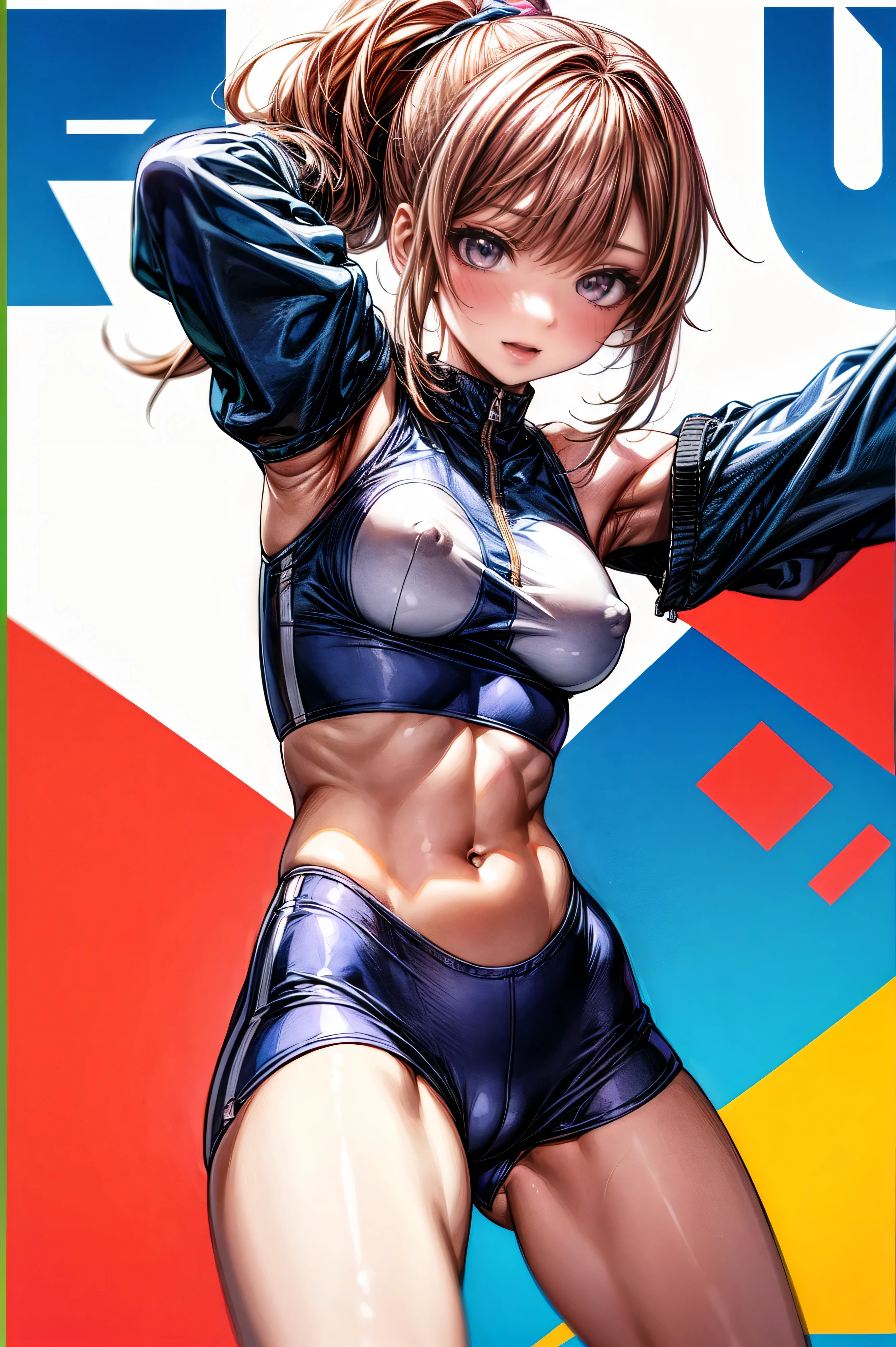 Aerobics Style of the 2000s、sneakers、Detailed picture、girl、25-year-old woman、Dynamic and lively pose、Crotch line、Erect nipples