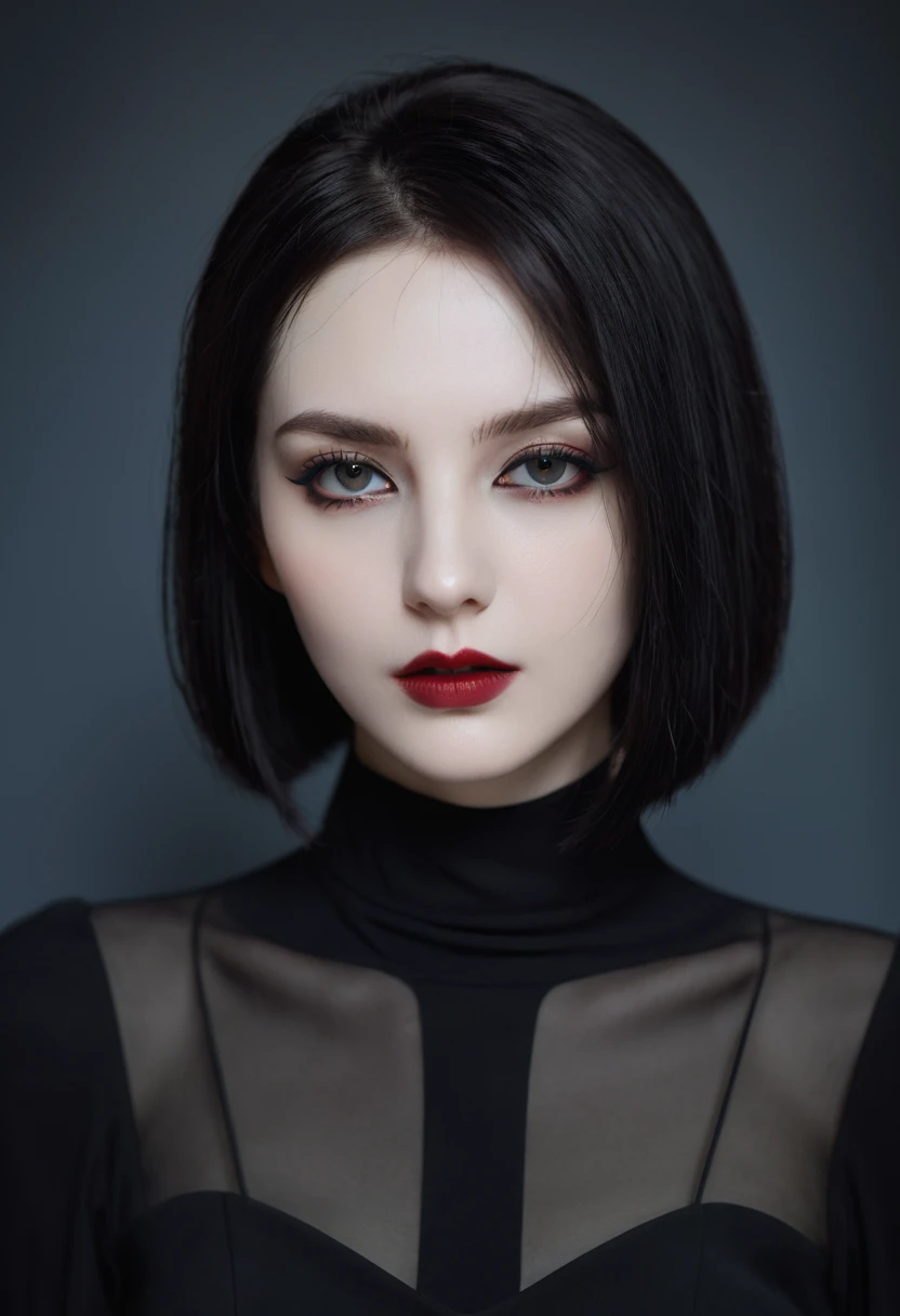 (high quality: 1.3), Lenses, masterpiece, (Clear focus: 1.5), (Reality: 1.3), Medium Portrait (A young beautiful vampire woman, Pale skin, Gothic, Still proud and fierce, Black Straight Short Bob Hairstyle, Dark, Wearing a very fine dark tunic, Dark atmosphere, Instead, it uses sharp contrasts of light and dark to create shapes.), It's night, (Very delicate skin), (Delicate face), Detailed background, Dim Lights, Dusk lighting, Volumetric Lighting, Intricate details, Ultra HD,