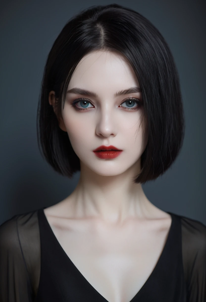 (high quality: 1.3), Lenses, masterpiece, (Clear focus: 1.5), (Reality: 1.3), Medium Portrait (A young beautiful vampire woman, Pale skin, Gothic, Still proud and fierce, Black Straight Short Bob Hairstyle, Dark, Wearing a very fine dark tunic, Dark atmosphere, Instead, it uses sharp contrasts of light and dark to create shapes.), It&#39;s night, (Very delicate skin), (Delicate face),  Detailed background, Dim Lights, Dusk lighting, Volumetric Lighting, Intricate details, Ultra HD,