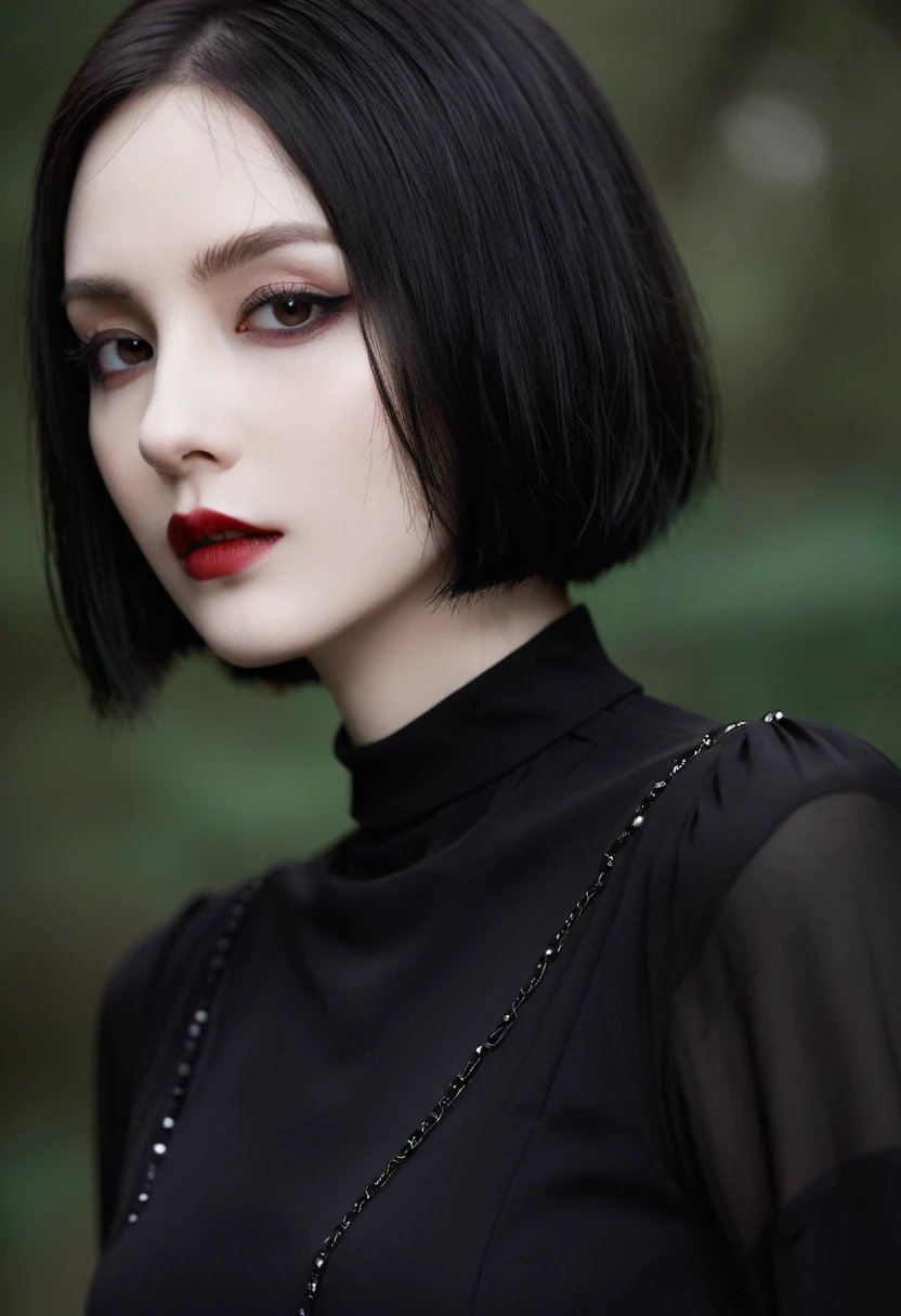 (high quality: 1.3), Lenses, masterpiece, (Clear focus: 1.5), (Reality: 1.3), Medium Portrait (A young beautiful vampire woman, Pale skin, Gothic, Still proud and fierce, Black Straight Short Bob Hairstyle, Dark, Wearing a very fine dark tunic, Dark atmosphere, Instead, it uses sharp contrasts of light and dark to create shapes.), It&#39;s night, (Very delicate skin), (Delicate face),  Detailed background, Dim Lights, Dusk lighting, Volumetric Lighting, Intricate details, Ultra HD,