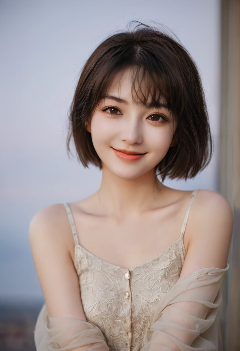 night, Original Photography, (((Very beautiful portrait))), (Very beautiful portrait))), 1 girl, Sexy 25 year old girl, ((Natural brown short hair)), [Brown eyes],Smiling tenderly and gazing at the camera(cleveage), ((masterpiece, best quality, Ultra Detailed, light, Intricate details, HD, 8K, Very detailed)), Detailed background, 8K UHD, Digital SLR Camera, 柔和的light, high quality, Film Grain, Fuji XT3, Shallow depth of field, Natural light, Perfect face