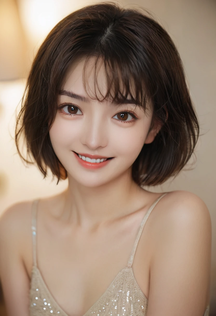 night, Original Photography, (((Very beautiful portrait))), (Very beautiful portrait))), 1 girl, ???? 25 year old girl, ((Natural brown short hair)), [Brown eyes],Smiling tenderly and gazing at the camera(cleveage), ((masterpiece, best quality, Ultra Detailed, light, Intricate details, HD, 8K, Very detailed)), Detailed background, 8K UHD, Digital SLR Camera, 柔和的light, high quality, Film Grain, Fuji XT3, Shallow depth of field, Natural light, Perfect face