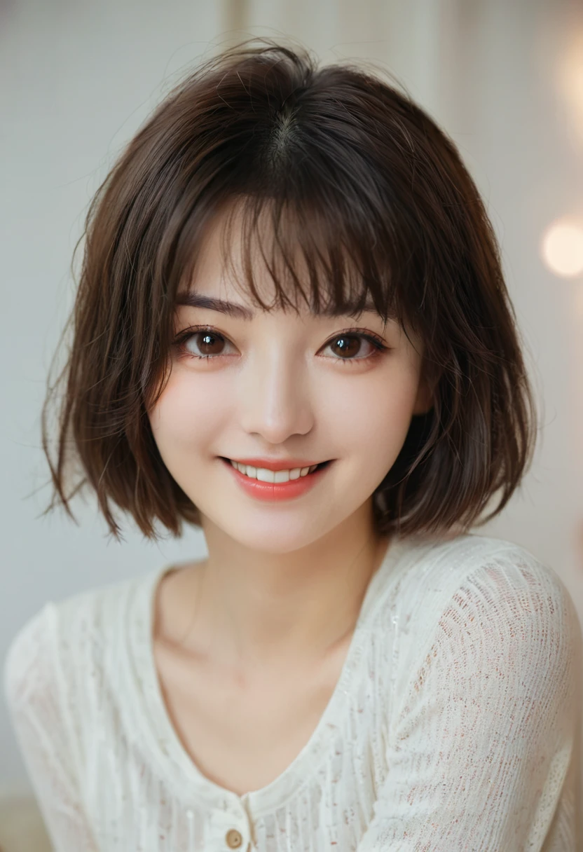 night, Original Photography, (((Very beautiful portrait))), (Very beautiful portrait))), 1 girl, Sexy 25 year old girl, ((Natural brown short hair)), [Brown eyes],Smiling tenderly and gazing at the camera(cleveage), ((masterpiece, best quality, Ultra Detailed, light, Intricate details, HD, 8K, Very detailed)), Detailed background, 8K UHD, Digital SLR Camera, 柔和的light, high quality, Film Grain, Fuji XT3, Shallow depth of field, Natural light, Perfect face