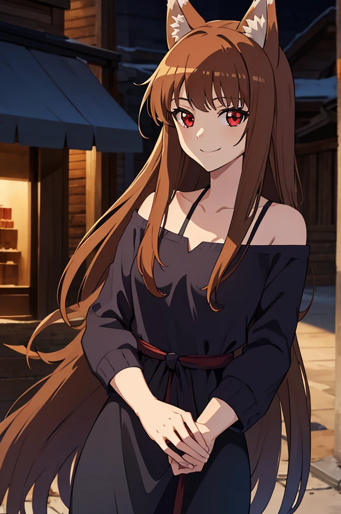 (masterpiece:1.3), (best quality:1.1), (8k, ultra detailed, ultra high res:1.2), ((anime style)), (perfect 5 fingers:1.1), perfect anatomy, 
1girl, wolf girl, 
holo, 
BREAK long hair, wolf ears, fuffy hair in the ears, 
brown hair, 
red eyes,  
small breasts,  
food, brown food, 
smile, 
BREAK looking at viewer, 
cowboy shot, 
standing, 
perfect light, 
outdoor, outside, city, cityscape, (village:1.3), 