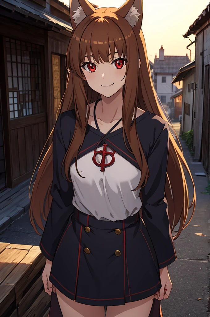 (masterpiece:1.3), (best quality:1.1), (8k, ultra detailed, ultra high res:1.2), ((anime style)), (perfect 5 fingers:1.1), perfect anatomy,
1girl, wolf girl,
holo,
BREAK long hair, wolf ears, fuffy hair in the ears,
brown hair,
red eyes,
small breasts,
food, brown food,
smile,
BREAK looking at viewer,
cowboy shot,
standing,
perfect light,
outdoor, outside, city, cityscape, (village:1.3),