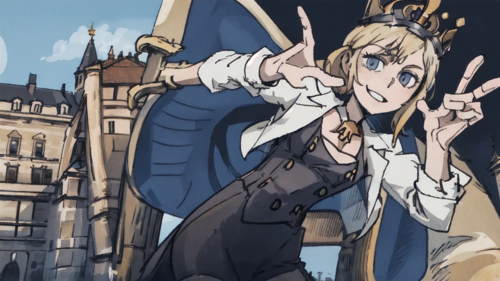 German Scene,Blue flag flying,Spectacular,Magnificent,style,Brunette Queen,crown,Nazi hand gesture,European Parliament Building