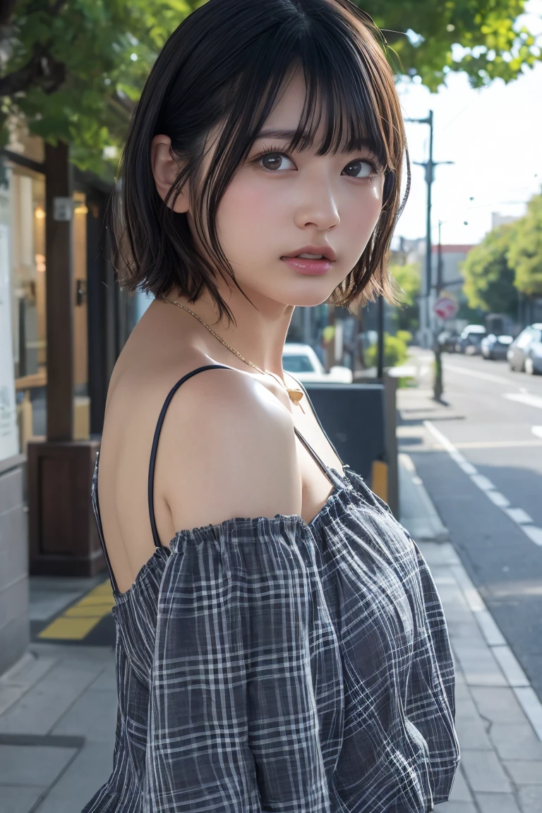 ((8K:1.27)、Highest quality、masterpiece、Ultra-high resolution:1.2)Beautiful Japanese Women Photos(fun:1.1) grayス、There are good ones、Gradient lighting、One Girl、Delicate skin、Look at this、Brown eyes、(Short hair with bangs:1.2)、(middle breast wheel:0.8)、(Realistic:1.4)、(Highest quality:1.0)、(Ultra-high resolution:1.0)、8K、Original photo、(masterpiece:0.2)、(Pure love face_v1:0.5)、 結び目のあるショルダーPlaidのドレス、Spaghetti Straps、Spaghetti Straps、Plaid、Super mini length、Multicolor、gray、No sleeve、Round neck、What can I do for you?、Staring at this、Omotesando in the morning、street tree、Stylish city views、theme、Tilt、Look at this、lol、Futomo、Slightly thicker、Big Ass、necklace、SLR、Morning light、The morning sun is dazzling、