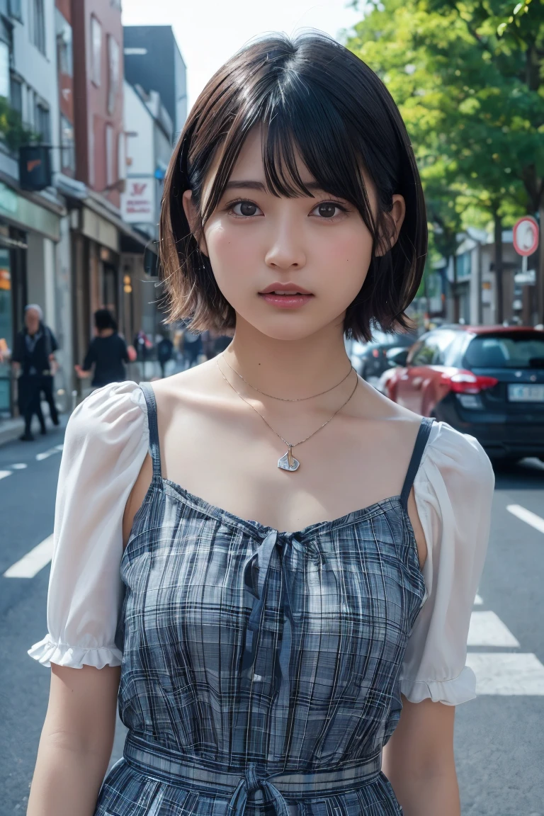 ((8K:1.27)、Highest quality、masterpiece、Ultra-high resolution:1.2)Beautiful Japanese Women Photos(fun:1.1) grayス、There are good ones、Gradient lighting、One Girl、Delicate skin、Look at this、Brown eyes、(Short hair with bangs:1.2)、(middle breast wheel:0.8)、(Realistic:1.4)、(Highest quality:1.0)、(Ultra-high resolution:1.0)、8K、Original photo、(masterpiece:0.2)、(Pure love face_v1:0.5)、 結び目のあるショルダーPlaidのドレス、Spaghetti Straps、Spaghetti Straps、Plaid、Super mini length、Multicolor、gray、No sleeve、Round neck、What can I do for you?、Staring at this、Omotesando in the morning、street tree、Stylish city views、theme、Tilt、Look at this、lol、Futomo、Slightly thicker、Big Ass、necklace、SLR、Morning light、The morning sun is dazzling、