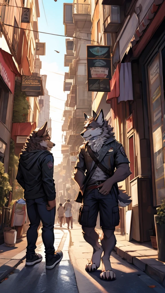 hairy，Two wolves，street，male，Two people