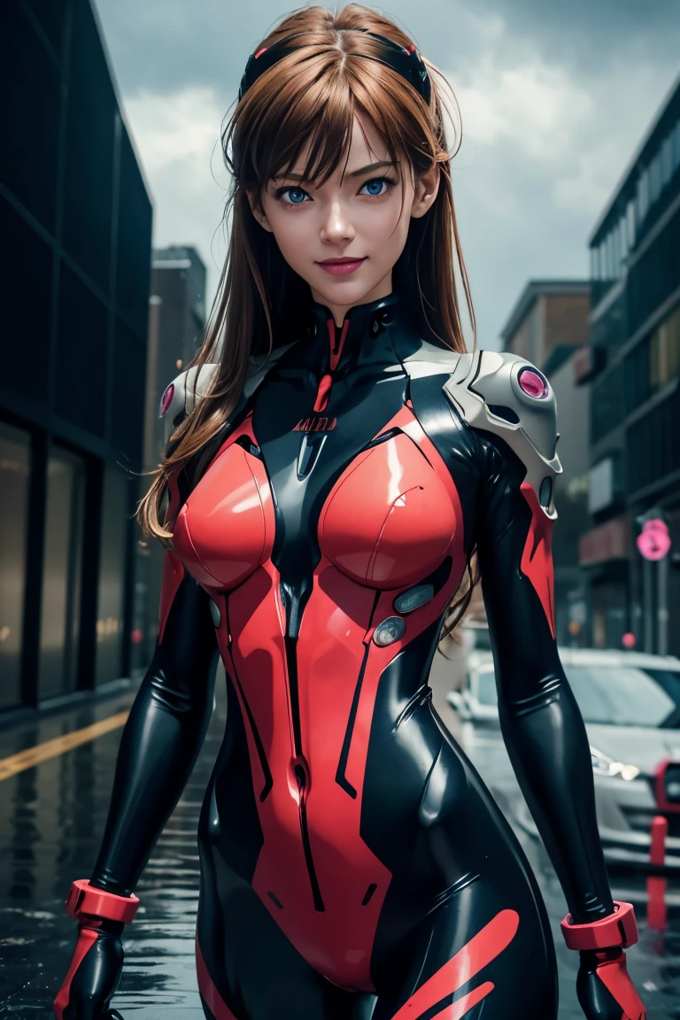 Evangelion,Asuka Langley,blue eyes,Plug Suit,Bodysuits,Interface Headset,赤いBodysuits,Ultra HD,super high quality,masterpiece,Digital SLR,Photorealistic,Detailed details,Vivid details,Depicted in detail,A detailed face,Detailed details,Super Detail,Realistic skin texture,Anatomical basis,Perfect Anatomy,Anatomically correct hand,Anatomically correct fingers,Complex 3D rendering,Sexy pose,Rainy Sky,Beautiful scenery,Fantastic rainy sky,Picturesque,Pink Lips,smile,