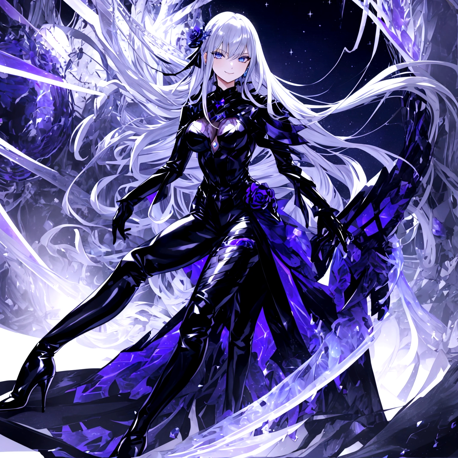 Guy, beautiful facial features, smile, squinted siren dark blue eyes without glare, silver and dark purple long loose hair with straight bang, fantasy black suit with blue and purple elements, long black gloves, model, gorgeous, elegant, lots of silver jewelry, flowers in his hair, pants, leather high heel boots