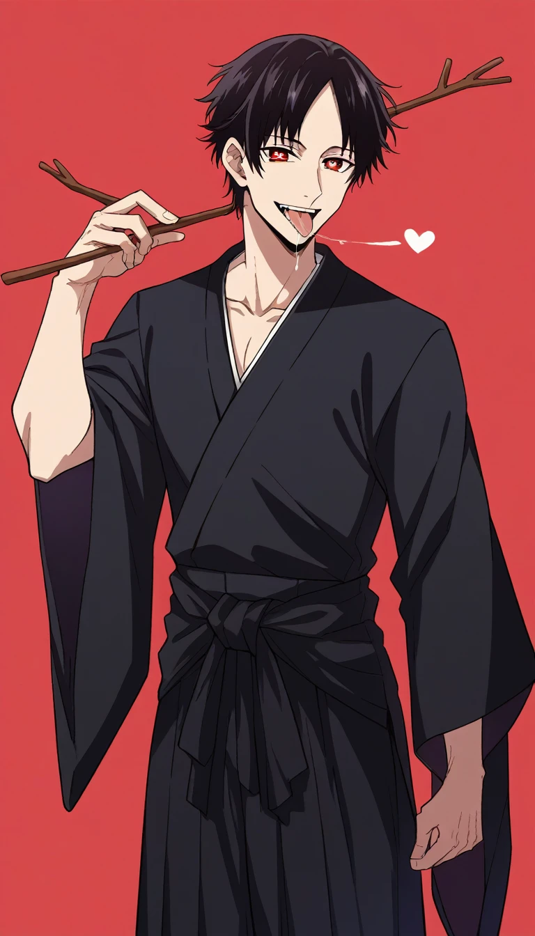 score_9, score_6_climb, source_anime, 1 man, alone, climbper body, Shinomiya Kaguya, conjunctivitis, black hair, black dress, Put your hand on your chin., Heart-shaped eyes, no pclimbils, smile softly, tooth, tsurime, red background , stick out your tongue, sexy, saliva, flirt, It has black wings., Hakama style kimono