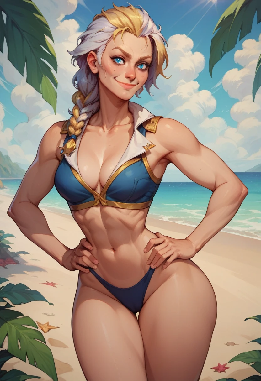 1woman, cleavage, on a beach, hands holding own hips, smile, medium breasts, wide hips, big ass, jaina proudmoore,,standing